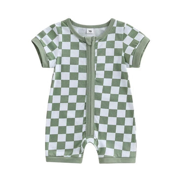 Short Sleeve Checkered Zipper Baby Romper Green 0-3 M