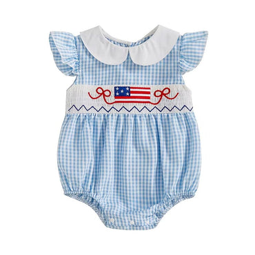 4th of July Collar Checkered Baby Romper Blue 0-3 M