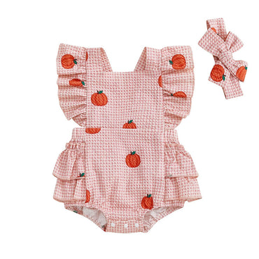Fly Sleeve Pumpkin Checkered Baby Romper