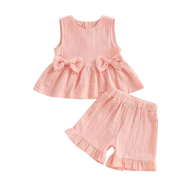 Solid Bow Ruffled Shorts Toddler Set Pink 9-12 M
