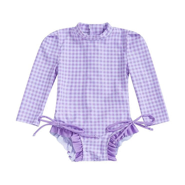 Long Sleeve Ruffle Plaid Baby Swimsuit Purple 3-6 M