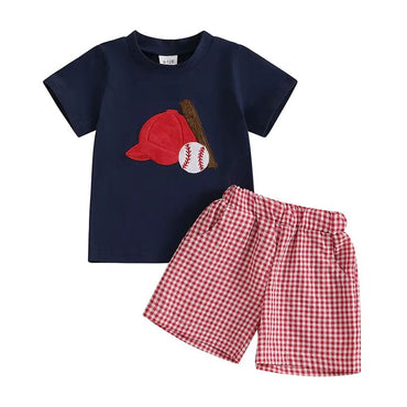 Short Sleeve Plaid Baseball Toddler Set Blue 6-9 M