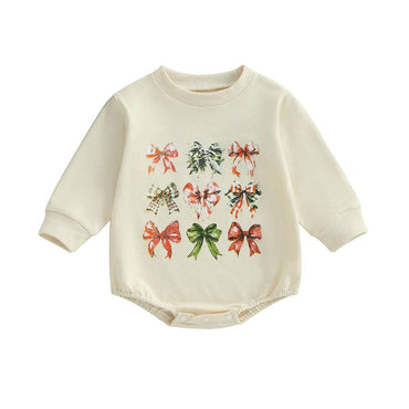 Long Sleeve Christmas Bows Baby Bodysuit Beige 3-6 M