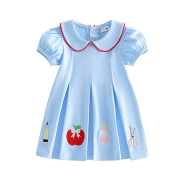 Back To School Puff Sleeve Collar Toddler Dress Blue 2T