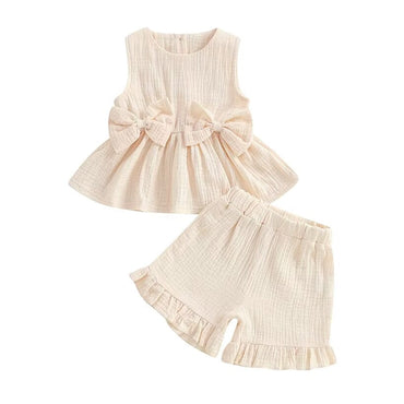 Solid Bow Ruffled Shorts Toddler Set Beige 9-12 M