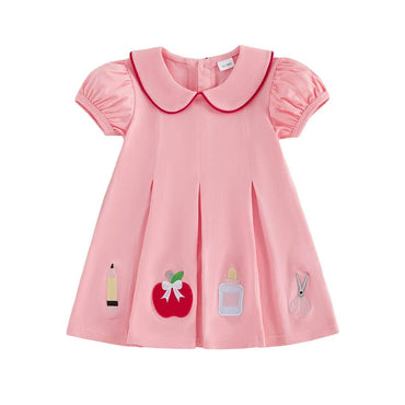 Back To School Puff Sleeve Collar Toddler Dress Pink 2T