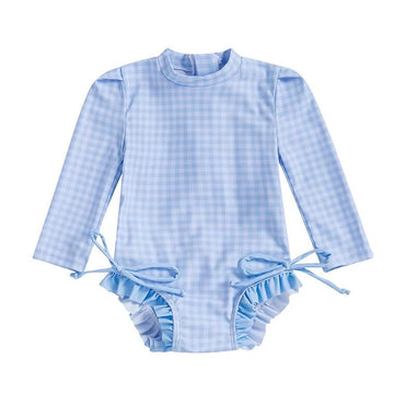 Long Sleeve Ruffle Plaid Baby Swimsuit Blue 3-6 M