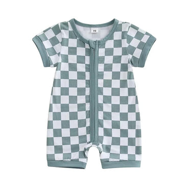 Short Sleeve Checkered Zipper Baby Romper Blue 0-3 M