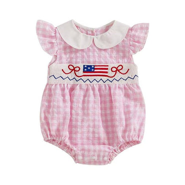 4th of July Collar Checkered Baby Romper Pink 0-3 M