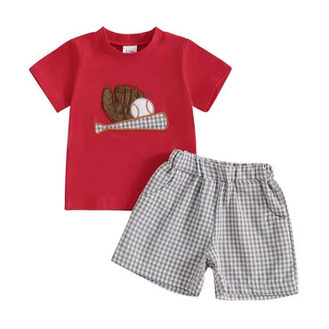 Short Sleeve Plaid Baseball Toddler Set Red 6-9 M