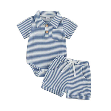 Short Sleeve Striped Collar Baby Set Blue 0-3 M
