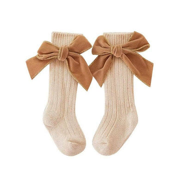 Solid Bows High Socks socks The Trendy Toddlers Beige 3-12 M