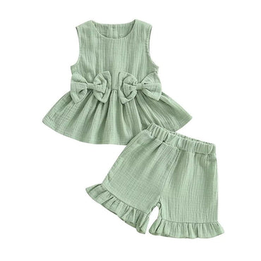 Solid Bow Ruffled Shorts Toddler Set Green 9-12 M