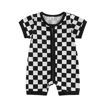Short Sleeve Checkered Zipper Baby Romper Black 0-3 M