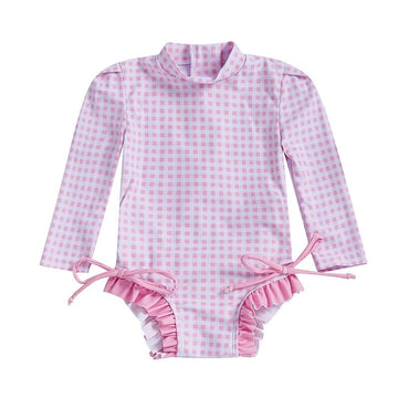 Long Sleeve Ruffle Plaid Baby Swimsuit Pink 3-6 M
