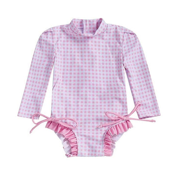 Long Sleeve Ruffle Plaid Baby Swimsuit Pink 3-6 M