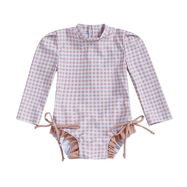 Long Sleeve Ruffle Plaid Baby Swimsuit Khaki 3-6 M