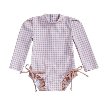 Long Sleeve Ruffle Plaid Baby Swimsuit Khaki 3-6 M
