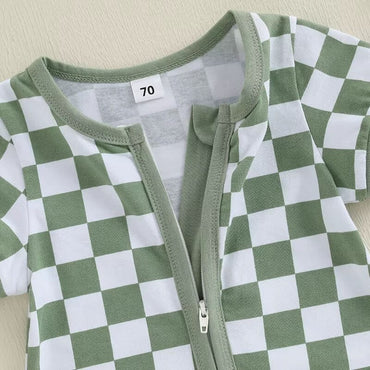 Short Sleeve Checkered Zipper Baby Romper