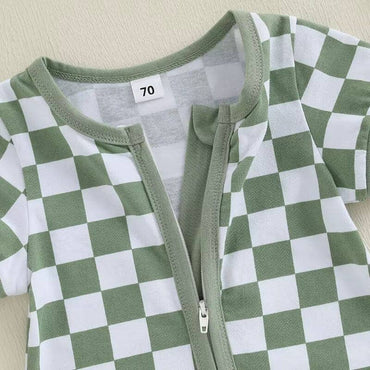 Short Sleeve Checkered Zipper Baby Romper
