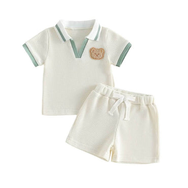 Short Sleeve Waffle Bear Baby Set White 3-6 M