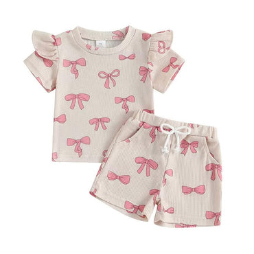 Short Sleeve Bows Waffled Baby Set Beige 9-12 M