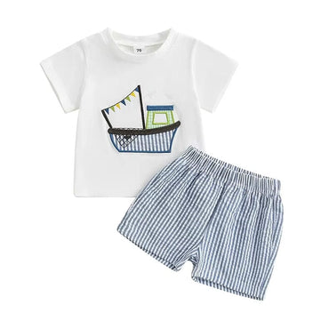 Short Sleeve Sailboat Striped Shorts Baby Set