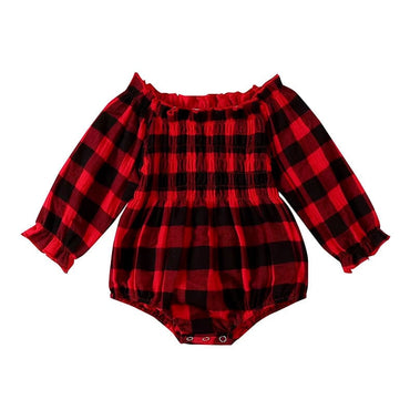 Long Sleeve Off Shoulder Plaid Baby Romper Red 0-3 M