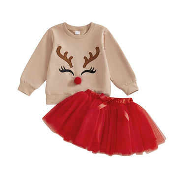 Long Sleeve Reindeer Tulle Skirt Toddler Set Red 12-18 M