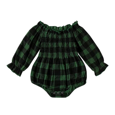 Long Sleeve Off Shoulder Plaid Baby Romper Green 0-3 M