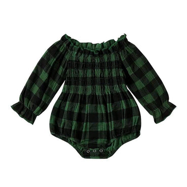 Long Sleeve Off Shoulder Plaid Baby Romper Green 0-3 M