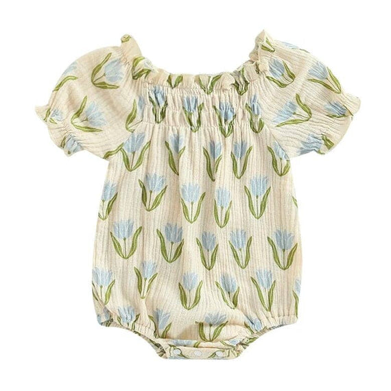 Puff Sleeve Floral Baby Romper Blue 3-6 M