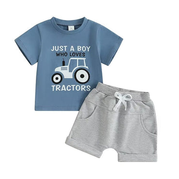 Short Sleeve Tractor Lover Baby Set Blue 3-6 M