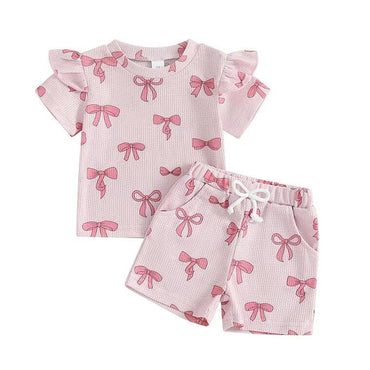 Short Sleeve Bows Waffled Baby Set Pink 9-12 M