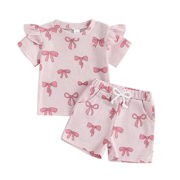 Short Sleeve Bows Waffled Baby Set Pink 9-12 M