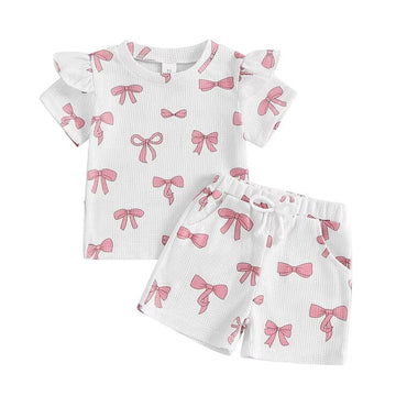 Short Sleeve Bows Waffled Baby Set White 9-12 M