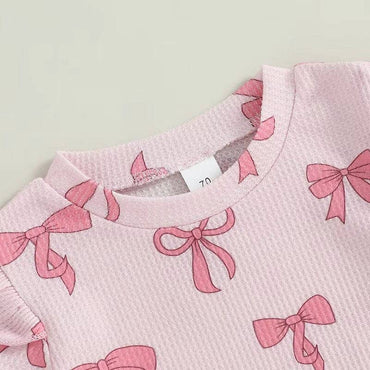 Short Sleeve Bows Waffled Baby Set