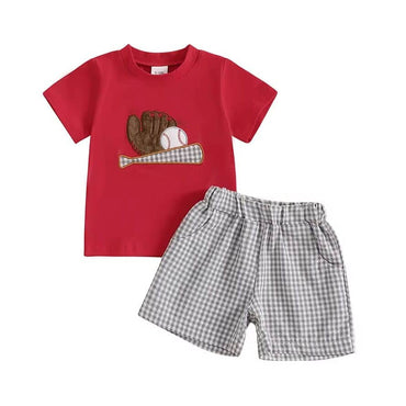 Short Sleeve Baseball Plaid Shorts Toddler Set Red 9-12 M