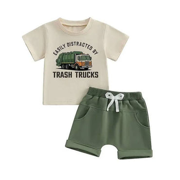 Short Sleeve Trash Trucks Toddler Set Beige 9-12 M
