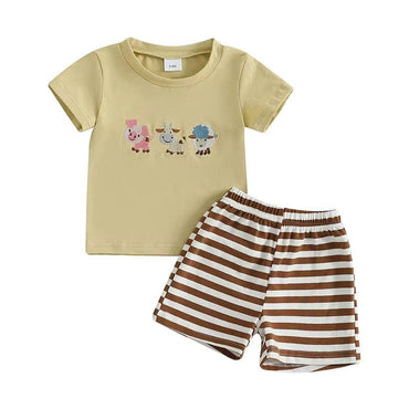 Short Sleeve Farm Striped Shorts Baby Set