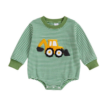 Long Sleeve Striped Excavator Baby Bodysuit Green 0-3 M