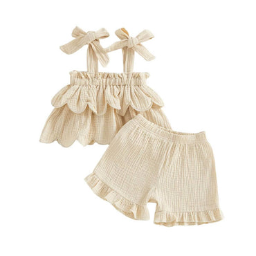 Sleeveless Solid Ruffled Shorts Toddler Set Beige 9-12 M