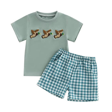 Short Sleeve Ducks Plaid Shorts Baby Set