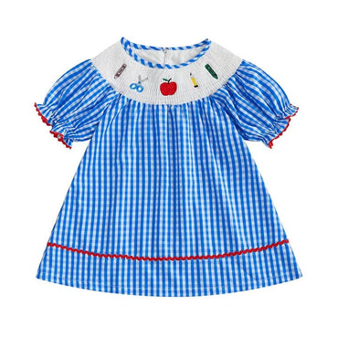 Short Sleeve Blue Checkered Toddler Dress