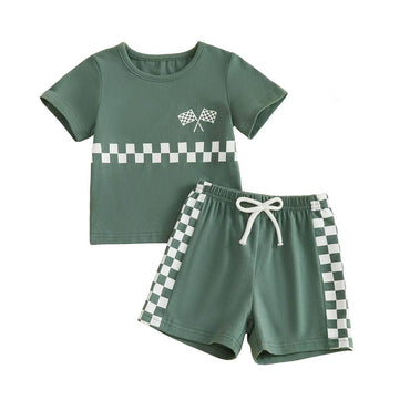 Short Sleeve Checkered Flag Baby Set Green 3-6 M
