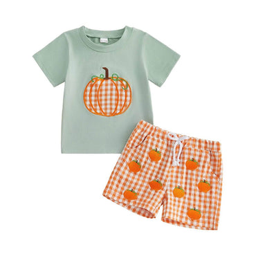 Short Sleeve Checkered Pumpkin Toddler Set Sets The Trendy Toddlers Green 9-12 M
