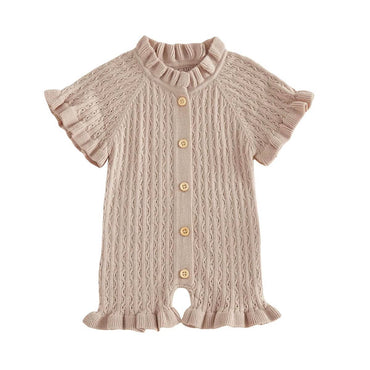Short Sleeve Knit Ruffled Baby Jumpsuit Khaki 0-3 M