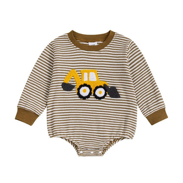Long Sleeve Striped Excavator Baby Bodysuit Brown 3-6 M