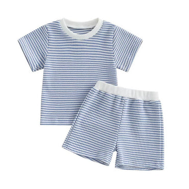 Short Sleeve Striped Waffle Baby Set Blue 3-6 M
