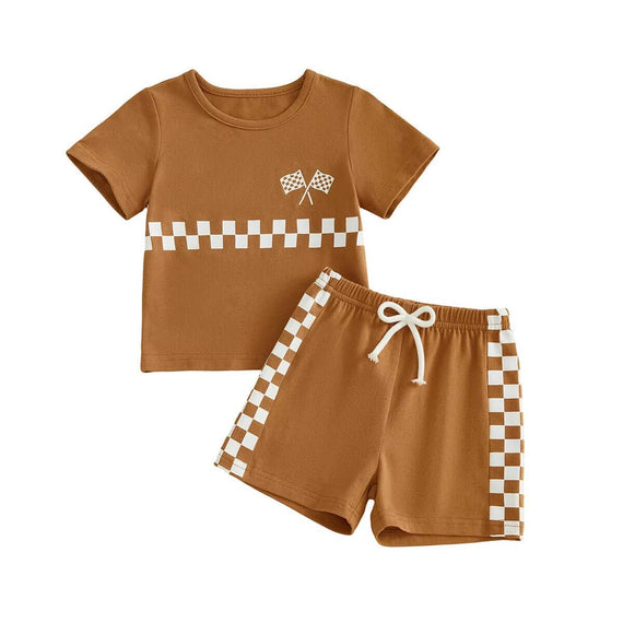 Short Sleeve Checkered Flag Baby Set Brown 3-6 M